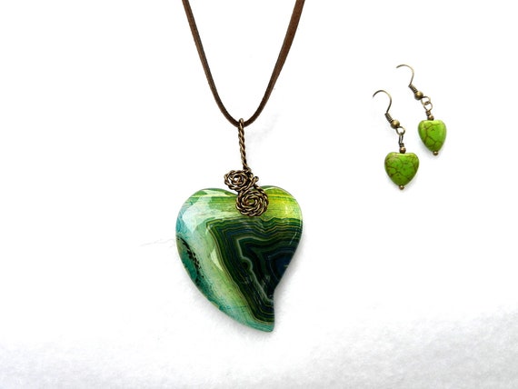 Bronze Wire Wrapped Green and Blue Agate Heart Gemstone Pendant with Matching Turquoise Earrings