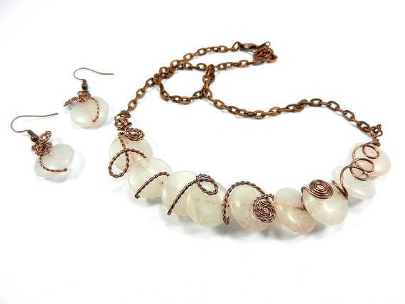 Rose Quartz Wire Wrapped in Antique Copper Necklace and Matching Earrings