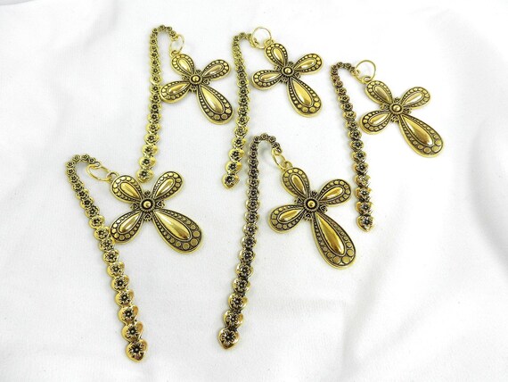 Gold Cross Bookmarks, Bookmarkers, Gold Embossed Cross Bookmarks, Flower Bookmarks with a gold Cross that Dangles