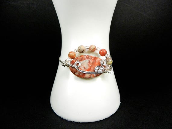 Silver Bolo Bracelet with Silver Wire Wrapped Red Picasso Jasper