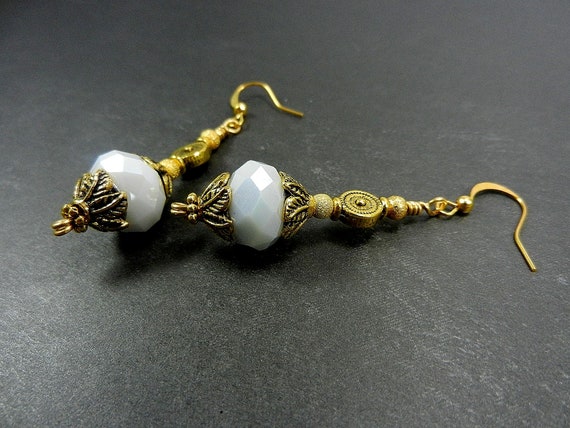 Gold Wire Wrapped White Opaque Faceted Crystal Dangle Drop Earrings with Gold Beads