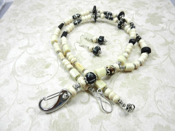 White Turquoise Handmade Lanyard Badge Holder with Matching Earrings