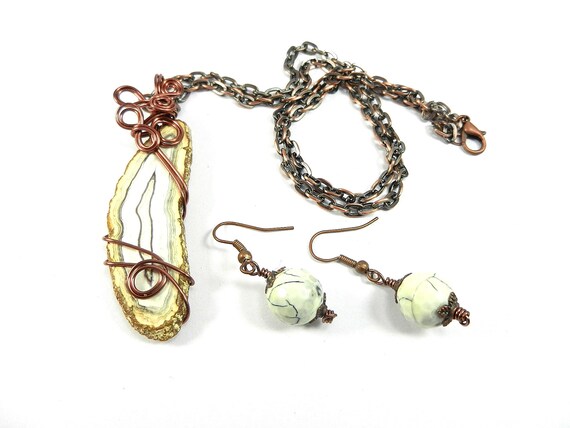 Copper Wire Wrapped White Fire Agate Cabochon  with Matching  Earrings and a Copper Necklace