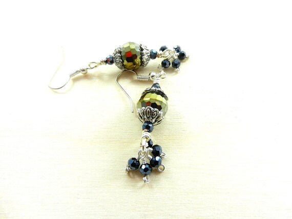 Gold Crystal Earrings with Small Blue Crystals on Silver Wires. Gold Crystal Earrings, Blue Crystal Earrings, Silver Wire Wrapped Earrings