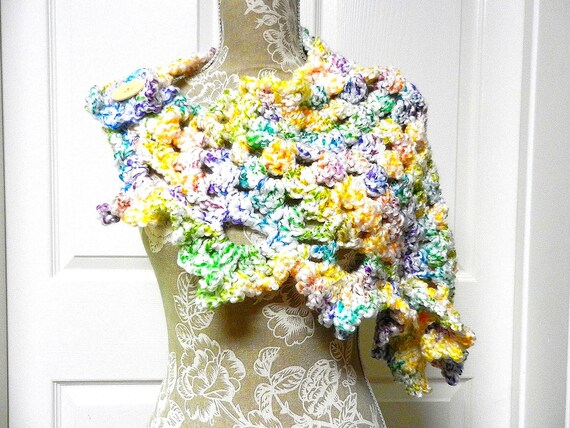 Rainbow Hand Crocheted Triangle Scarf, Colorful Button Up Scarf, White Purple Green Blue Orange and Yellow Scarf, Fluffy Soft Shawl Scarf