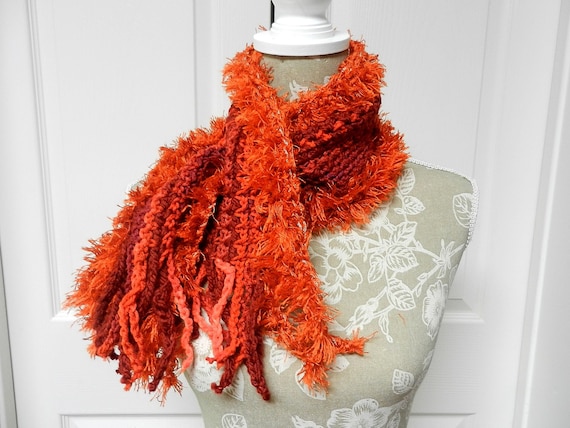 Hand Crocheted Short Scarf with a Key Hole End with Fringe in Red Orange and Burgundy