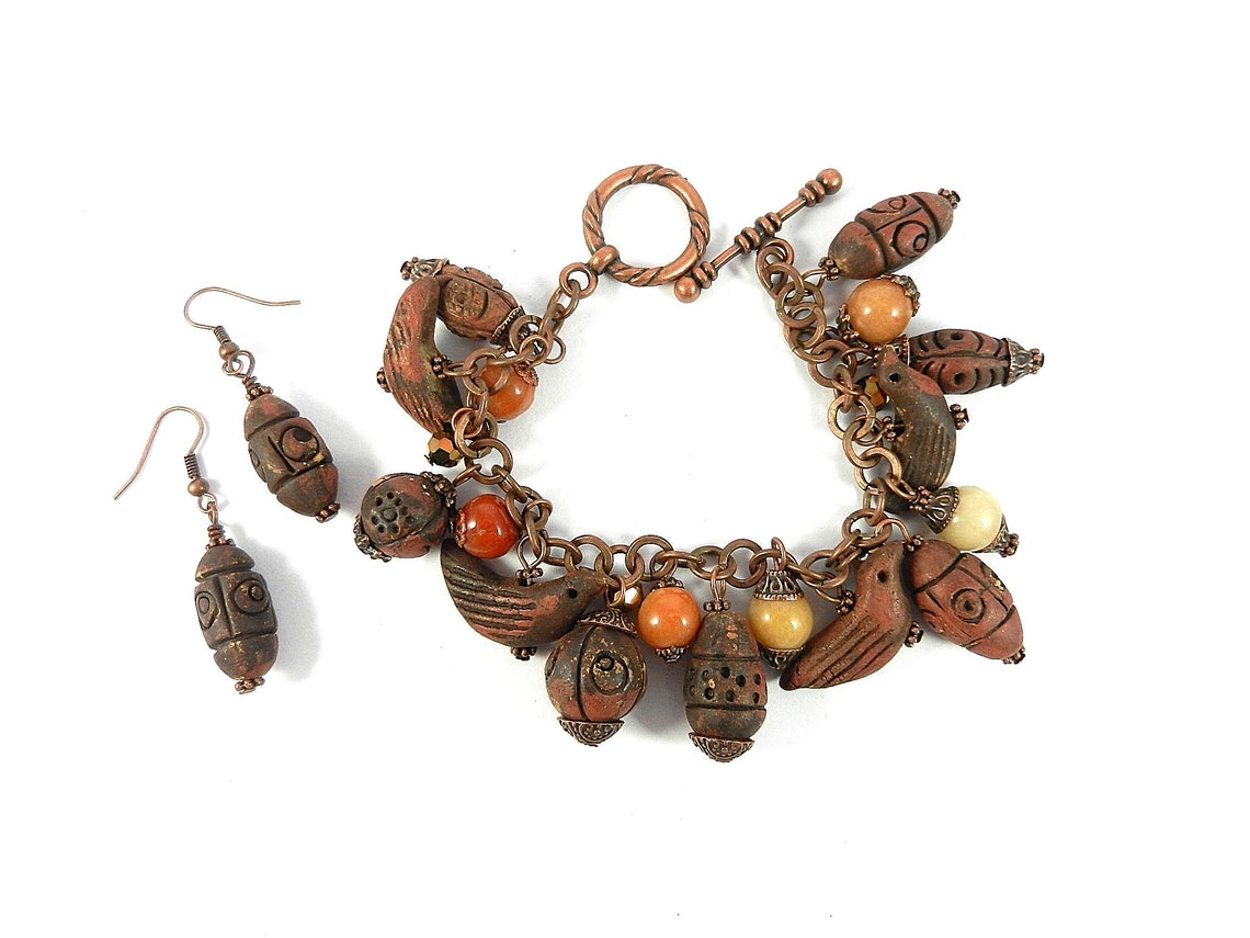 Brown Clay Bead and Agate Gemstone Bracelet on Copper Chain Etsy