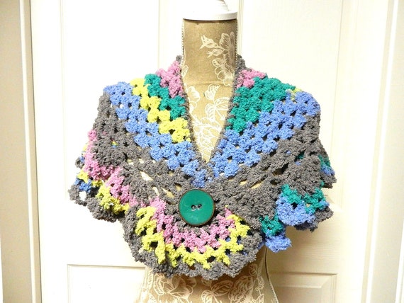 Hand Crocheted Fluffy Gray Yellow Pink and Turquoise Triangle Scarf with a Button for Closure, Gray and Pink Crocheted Shawl, Ruffled Scarf
