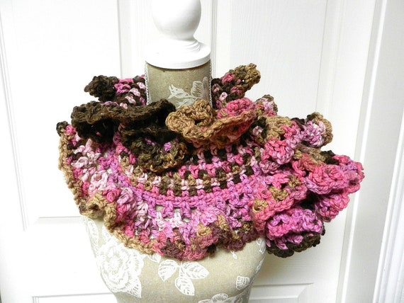 Pink and Brown Hand Crocheted Ruffled Scarf with a Button Closure