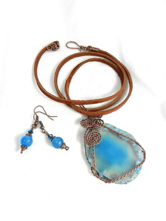Blue Agate Necklace  Copper  Wire Wrapped  with Matching Blue Sapphire  Earrings