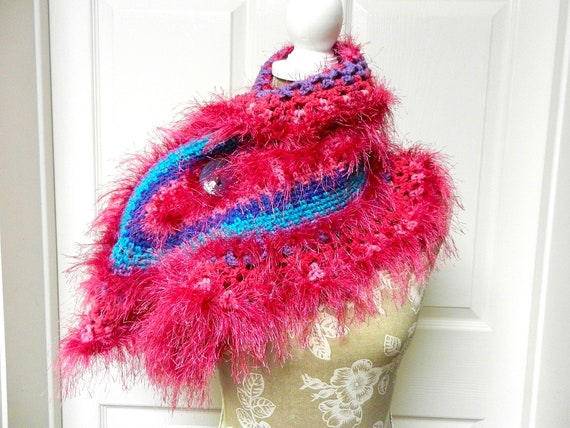 Pink Blue Purple Soft and Fluffy Hand Crocheted Scarf with Button, Button Up Pink Fluffy Ruffled Scarf, Pink Button Scarf, Pink Scarf