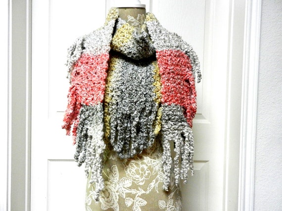 Thick and Fluffy Crocheted Scarf in Gray Red and Gold with Hand Knotted Fringe