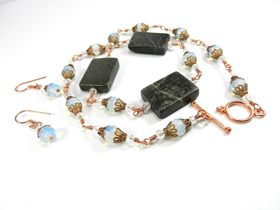 Copper Wire Wrapped Jasper and Moonstone Gemstones Necklace and Matching Earrings