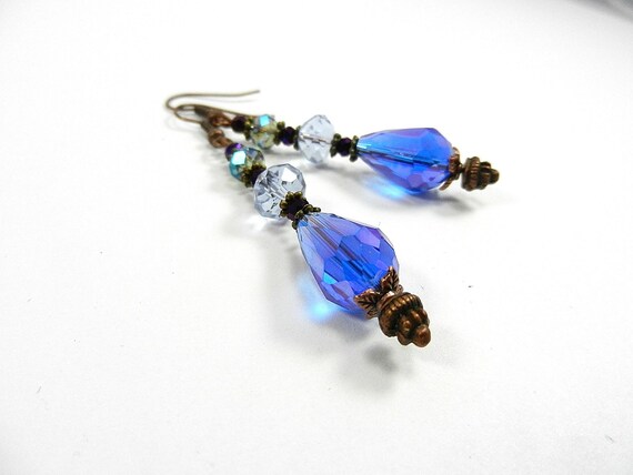 Purple and Blue Long Crystal Tear Drop Dangle Earrings with Antiqued Copper Beads