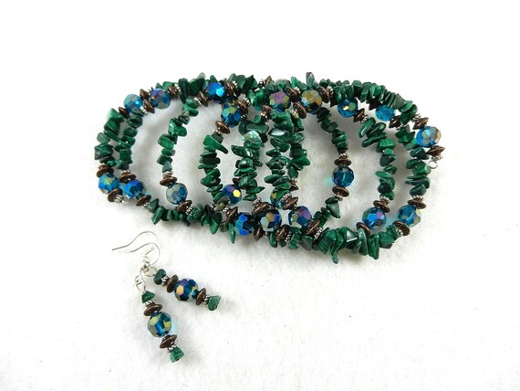 Memory Wire Green Malachite Gemstone Bracelet and Earrings with Blue Green Crystals
