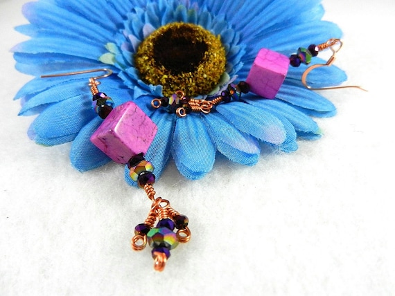 Copper Wire Wrapped Pink Square Turquoise Gemstone with Purple Crystal Earrings