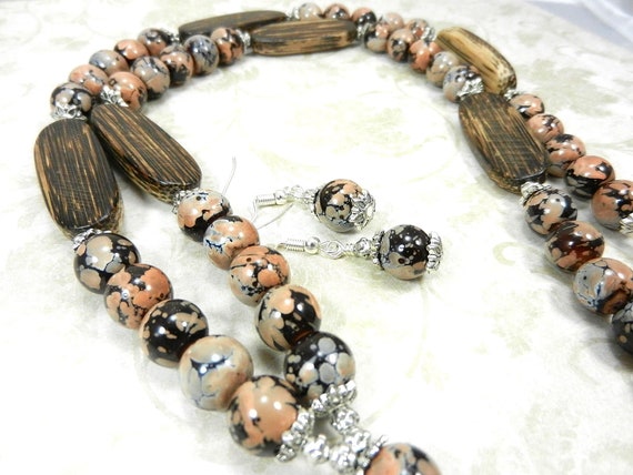 Wood and Brown and Tan Marbled Glass Bead Lanyard or Badge Holder with Matching Earrings