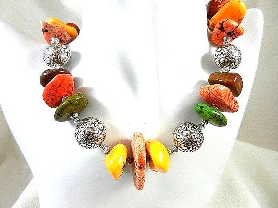 Orange Brown Green and Coral Turquoise Gemstone Necklace and Earrings