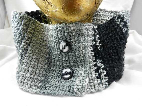Grey Charcoal and Black Short Button Up Neck Scarf, Hand Crocheted Scarf, Crocheted Scarf, Crocheted Cowl, Handmade Scarf, EC00091