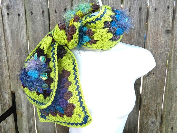 Lime Green Blue and Brown Hand Crocheted Granny Square Scarf