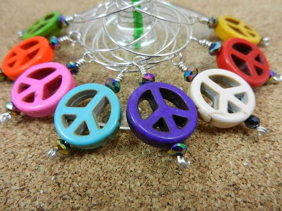 Turquoise Peace Sign Wine Glass Charms Set of Eight
