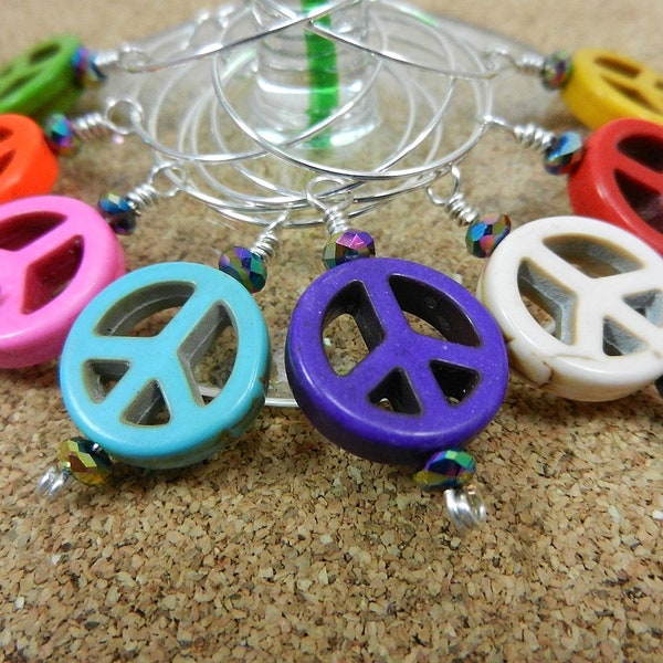 Turquoise Peace Sign Wine Glass Charms Set of Eight