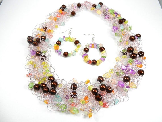 Pink Wire Crocheted Necklaces with Brown Pearls and Pink Green and Blue Quartz Chip Gemstone Bead with Matching Earrings