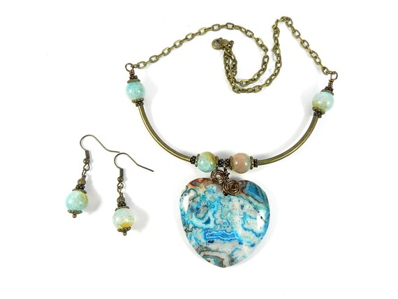 Bronze Wire Wrapped Blue and Beige Crazy Lace Heart Gemstone Pendant Bead with Blue Agate on Bronze Necklace and Matching Earrings