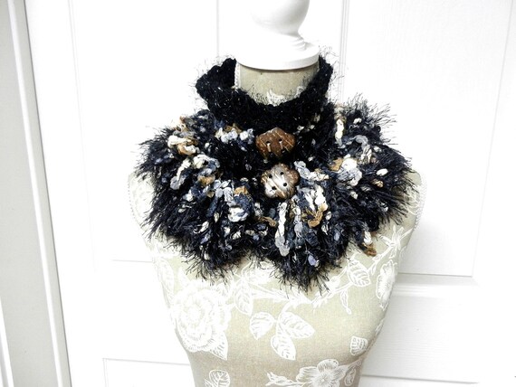 Black Brown Gray and White Puff Yarn Crocheted Collar Scarf