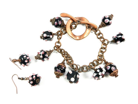 Black Cream and Pink Lamp Work Bead Bracelet on Antique Copper Chain with Matching Earrings