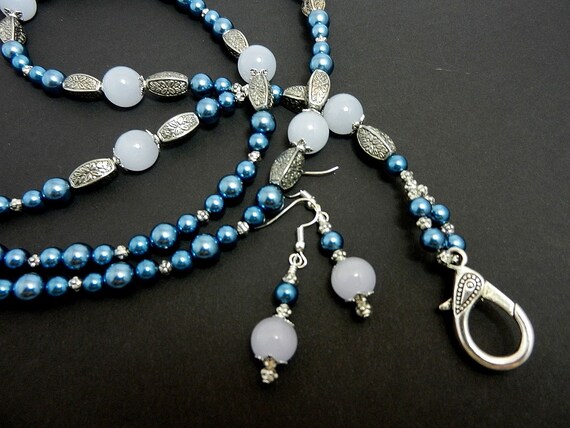 Blue Glass Pearl and Silver Bead Lanyard with Matching Earrings
