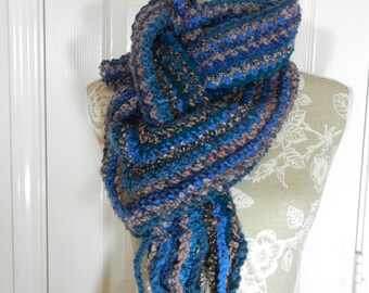 Brown and Blue Hand Crocheted Long Scarf One End with Fringe and the Other A Loop for Fun ways to Wear