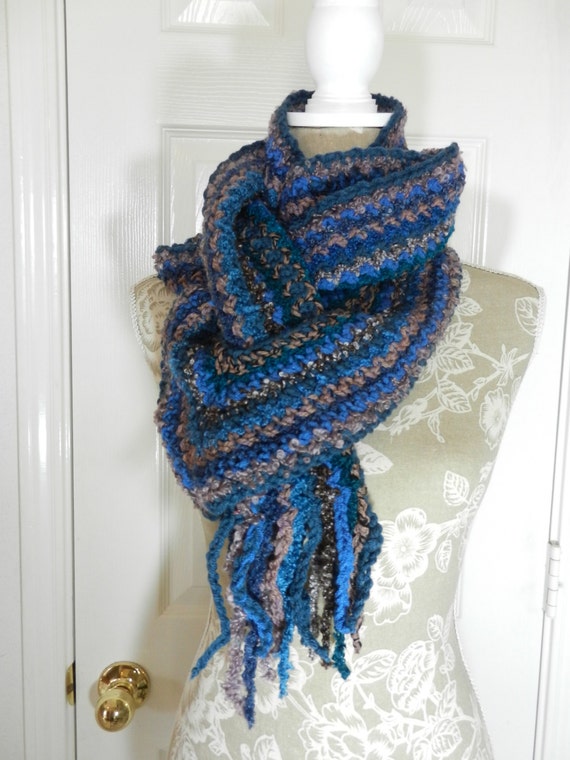Brown and Blue Hand Crocheted Long Scarf One End with Fringe and the Other A Loop for Fun ways to Wear