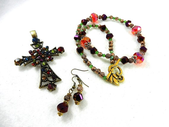 Bronze Cross Pendant with Red Green Blue and Gold Crystals with a Matching Necklace and Earrings