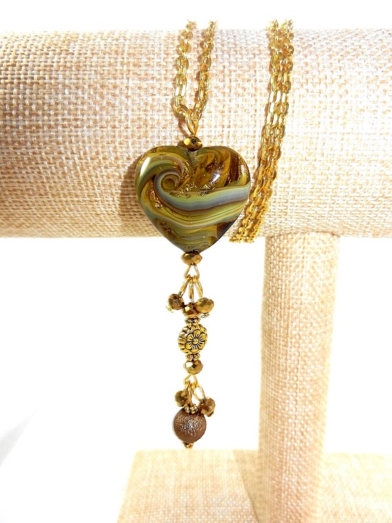Gold Heart Bracelet Necklace and Pearl Earrings, Gold Lamp Work Heart Necklace, Gold Heart Necklace, Gold Pearl Earrings, Gold Earrings
