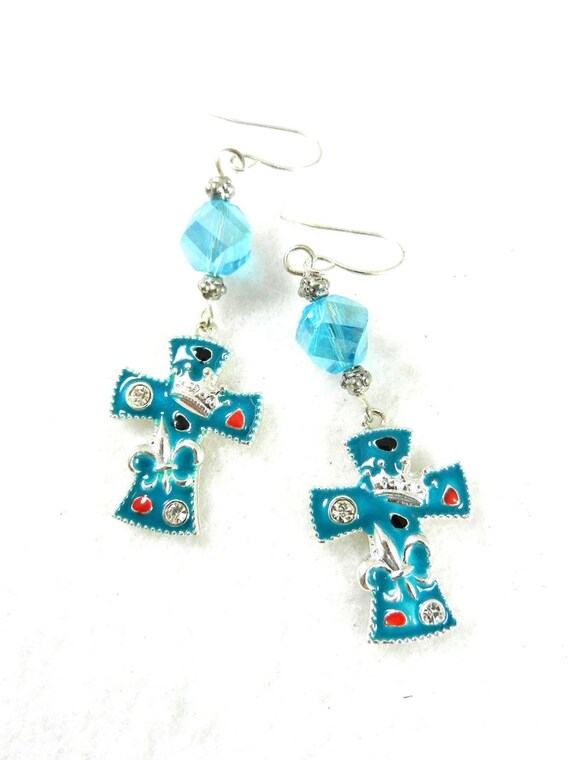 Turquoise Enameled Silver Cross Earrings with Turquoise Colored Crystals, Silver Cross Earrings, Enamel Cross Earrings, Cross Earrings