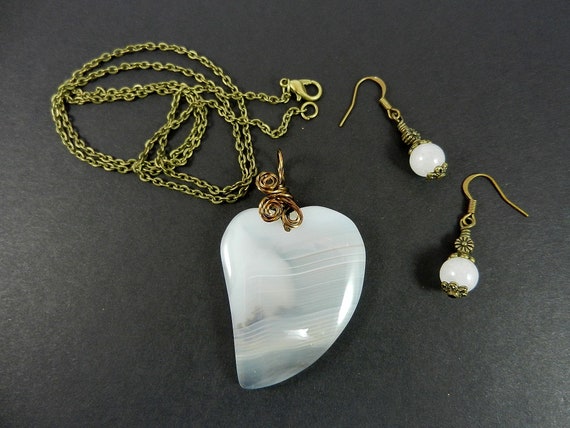 White Banded Agate Heart Gemstone Bronze Wire Wrapped with Matching White Jade Earrings