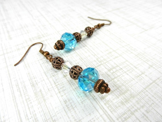 Turquoise Blue Crystal Dangle Earrings with Bronze Beads