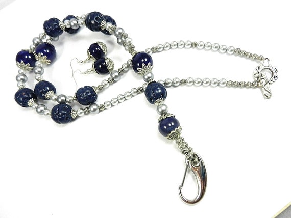 Blue Ceramic Bead Lanyard with Grey Pearls and Matching Earrings, Blue Lanyards with Earrings, Lanyards, Badge Holders, Blue Grey Lanyard