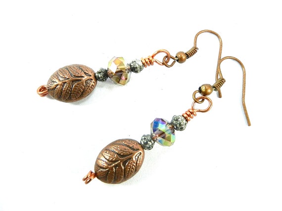 Copper Leaf Earrings with Purple Crystals