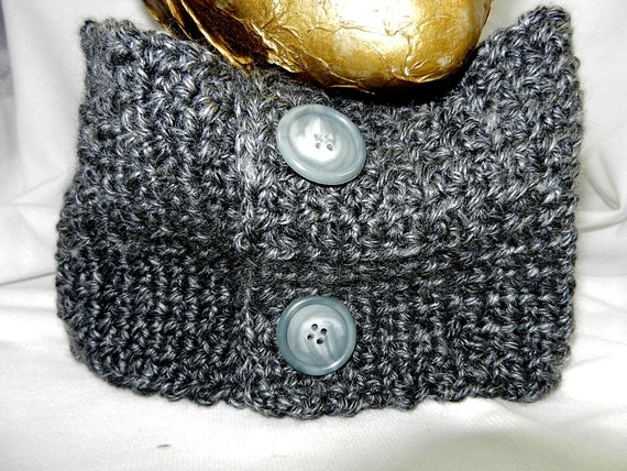 Grey Short Hand Crocheted Scarf with Vintage Grey Buttons, Grey Short Scarf, Gray Short Scarf, Grey Hand Crocheted Scarf.