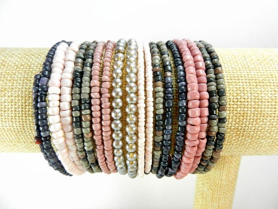Seed Bead Memory Wire Bracelet in Pink Green and Blue