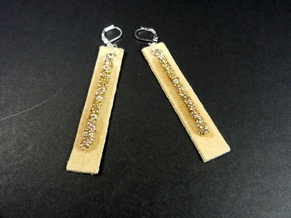 Tan Rectangle Suede Leather Earrings with a Crystal Embossed Stick in Front