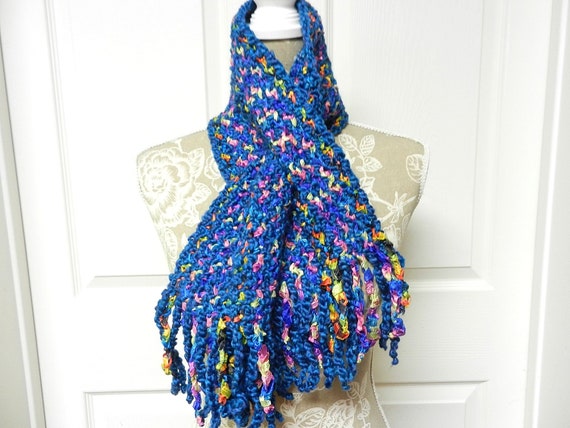 Blue Pink Purple Green and Yellow Hand Crocheted Short Scarf with a Key Hole End with Fringe