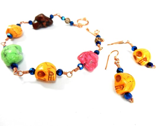 Turquoise Stone and Skull Copper Wire Wrapped Bracelet in Pink Yellow Green and Brown with Matching Earrings