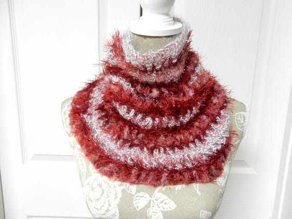 Burgundy Red and Silver Crocheted Cowl Scarf