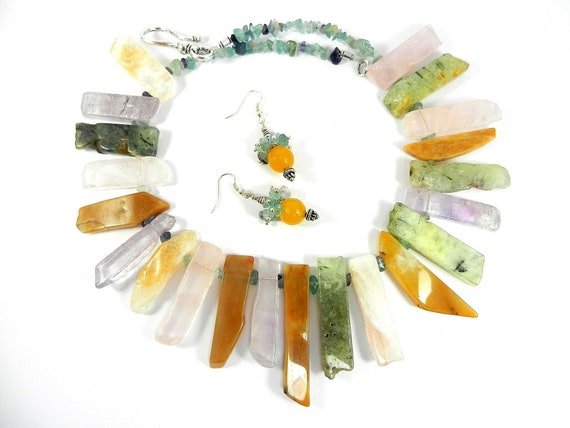 Clear Raw Quartz Fluorite and Agate Gemstone Necklace with Fluorite Beads and Matching Gold Jade Earrings