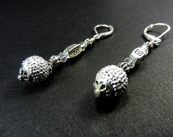 Silver Disco Ball Earrings with Silver Beads and Crystals