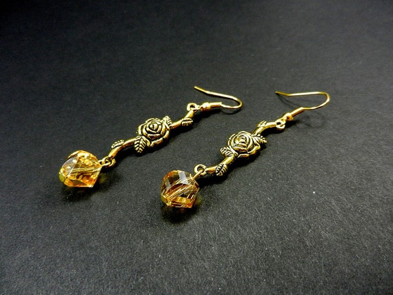 Gold Rose Flower and Helix Crystal Dangle Earrings