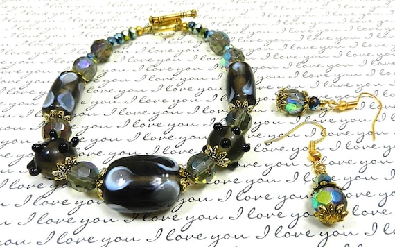 Brown and Grey Lamp Work Bracelet with Crystals and Matching Earrings, Grey and Brown Crystal Bracelet and Earrings, Lamp Work Bracelet